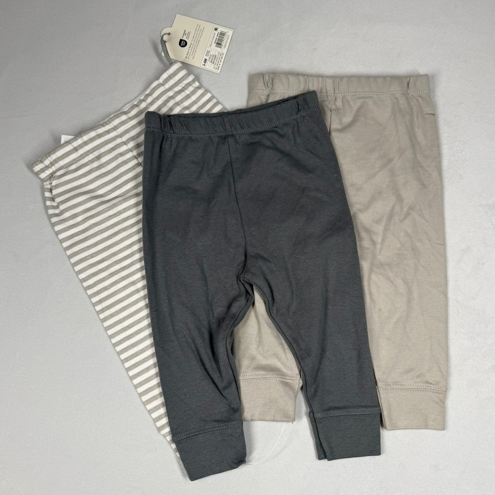 Cloud Island Baby Pants 3-Pack Gray Beige Striped Cotton Leggings 3-6M New